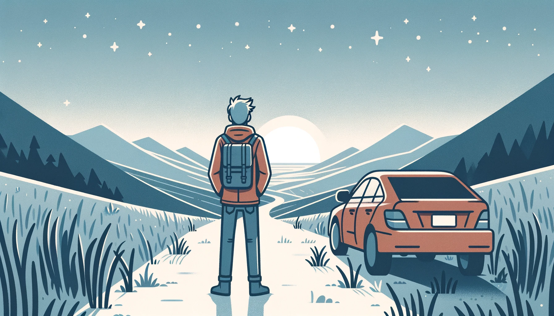 Back view car scene under a starry sky and open landscape