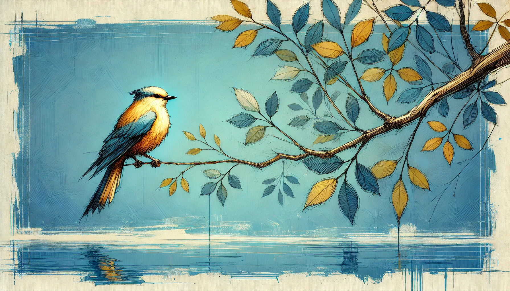 Small bird perched on a branch with leaves over pale blue water