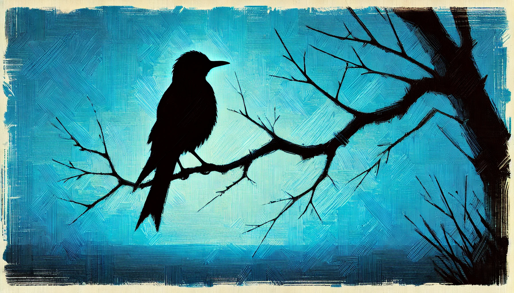 Dark bird silhouette on a branch against a bright cyan-blue background