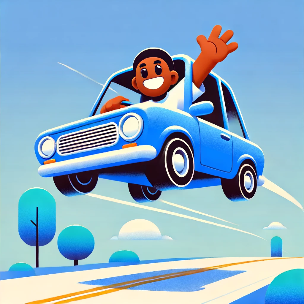Cartoon character driving a blue car mid-jump against a bright sky