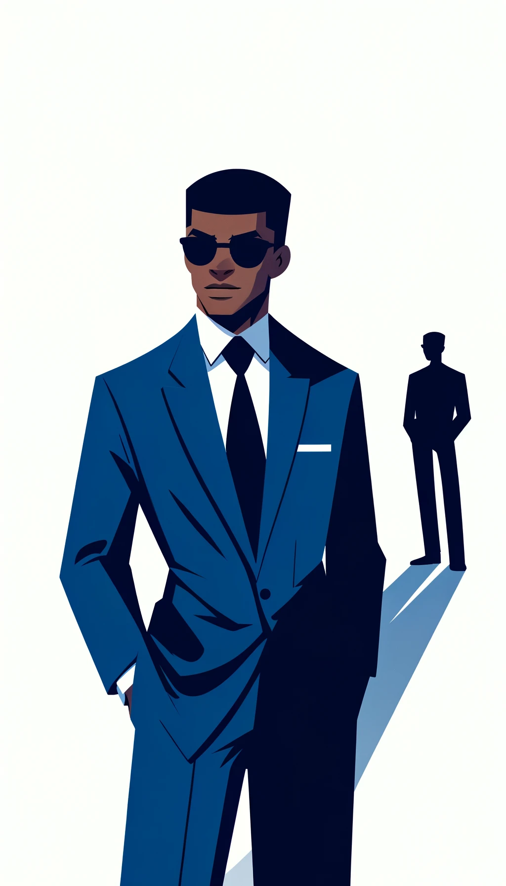 Full-body secret-agent character in a blue suit with sunglasses