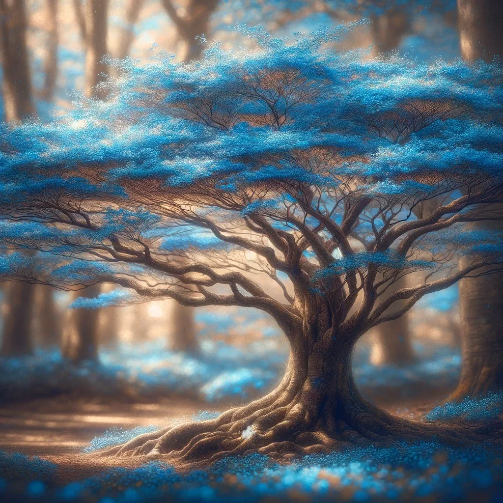 Large painterly blue tree with warm light filtering through branches