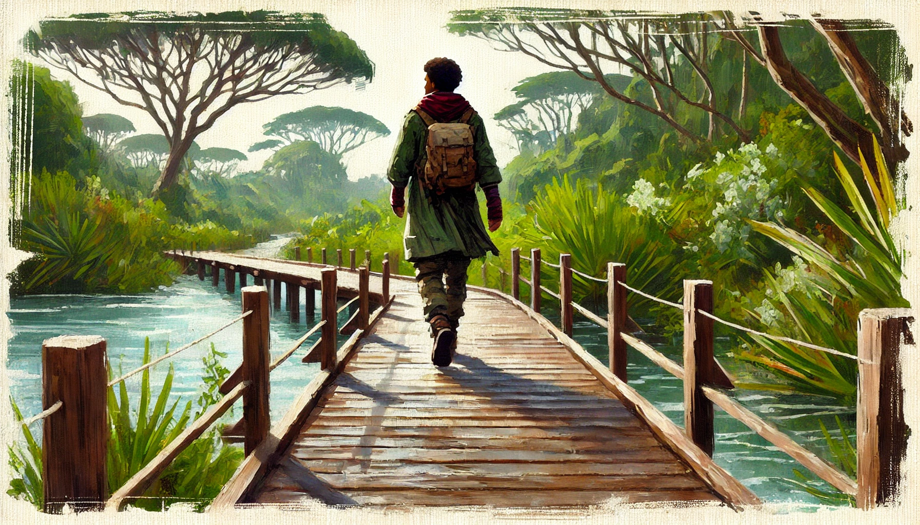 Character walking on a wooden bridge path through a green wetland landscape