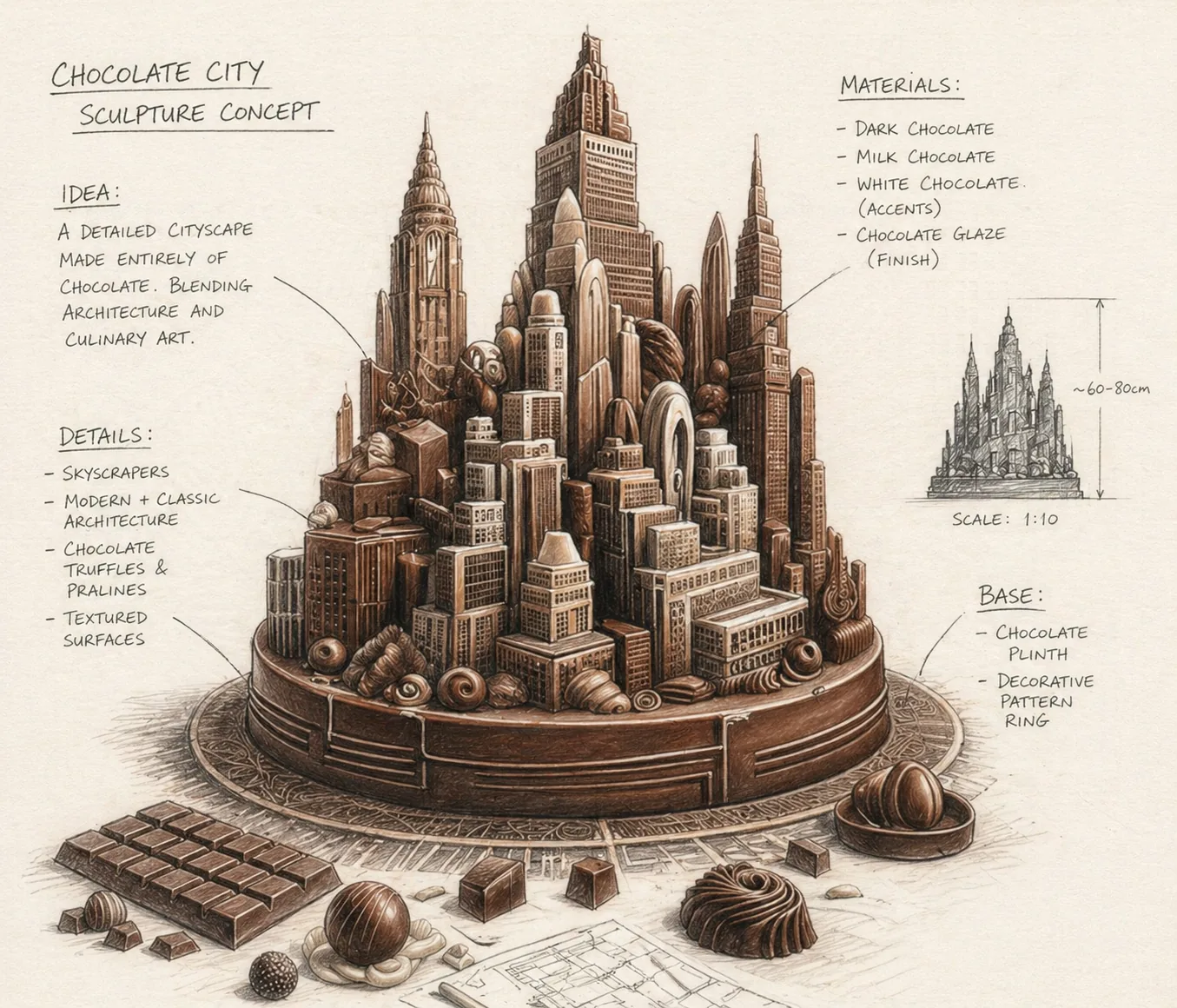Chocolate-colored city model with architectural notes and tower forms