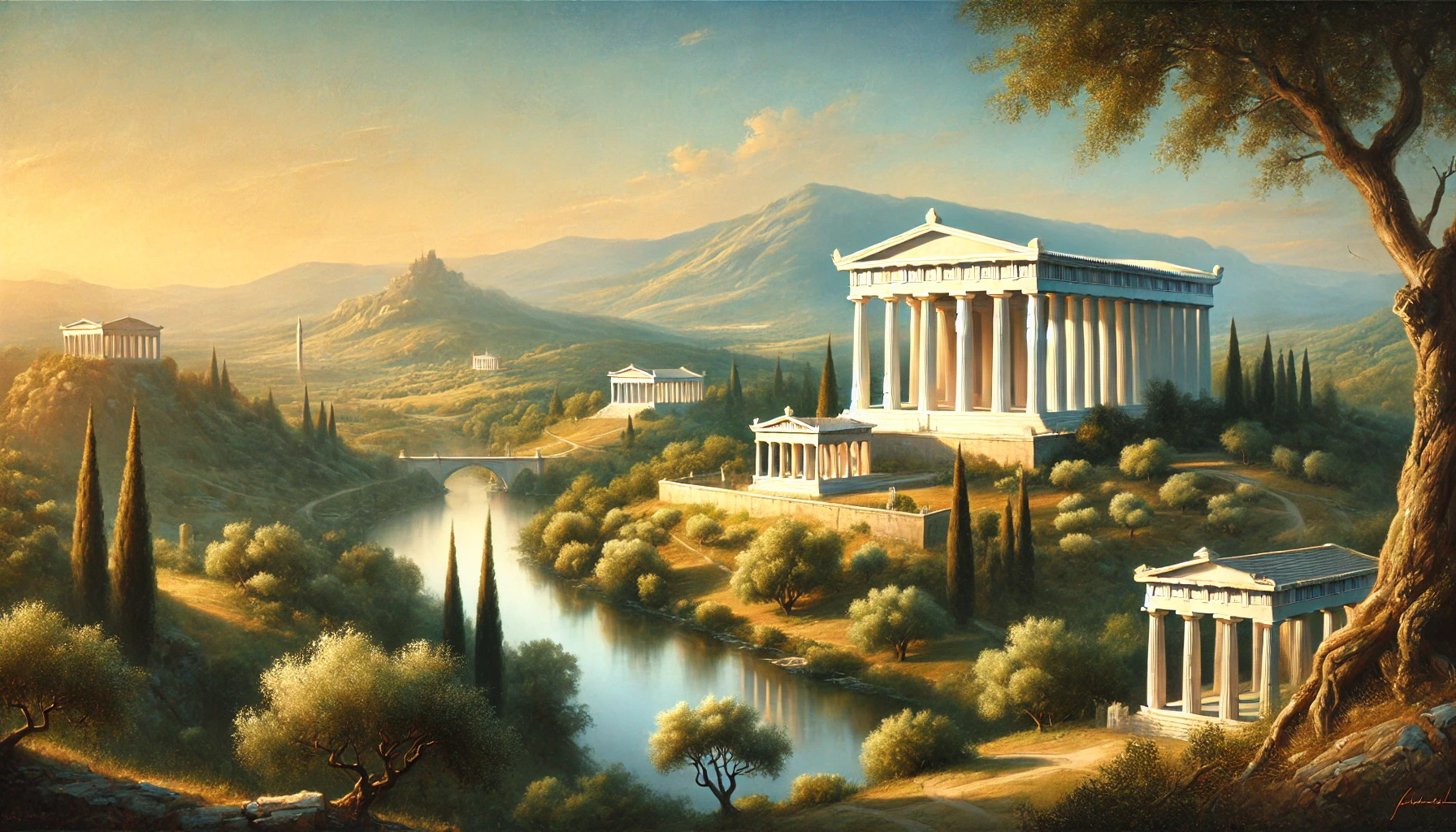 Classical Greek-style landscape with white columns, temples, and warm hills
