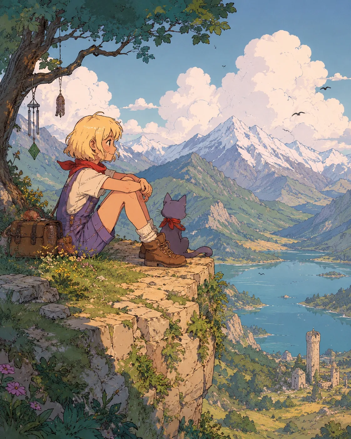 Young explorer sitting near a tree and looking toward distant mountains and sky