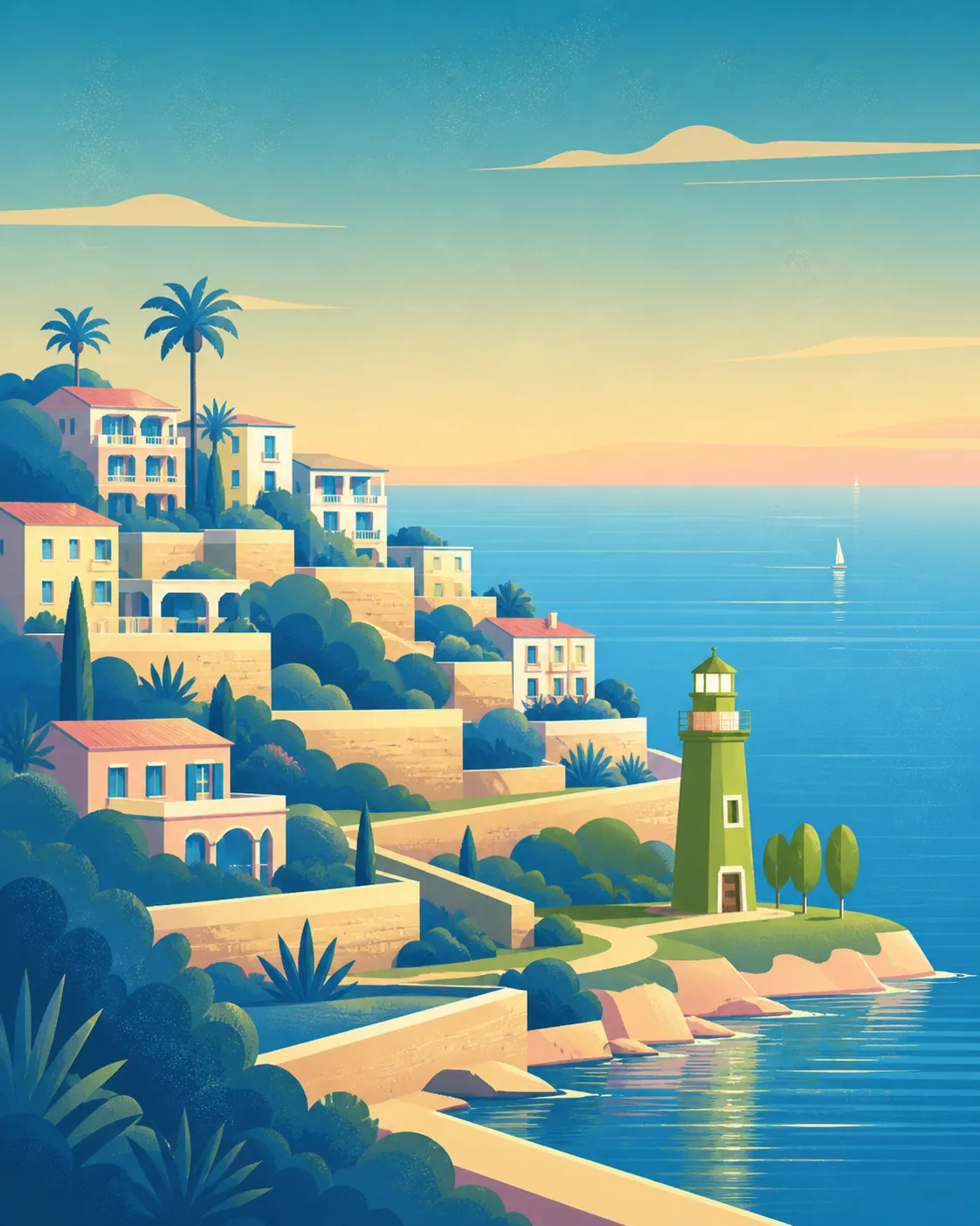 Graphic coastal village and lighthouse beside blue sea