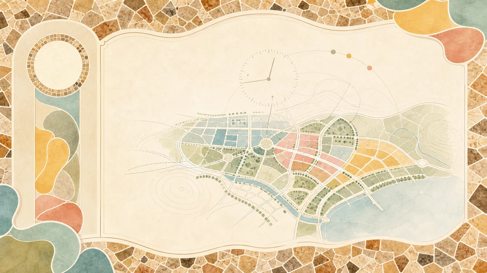 Conceptual urban tile presentation slide design with mapped areas, elements, and color accents