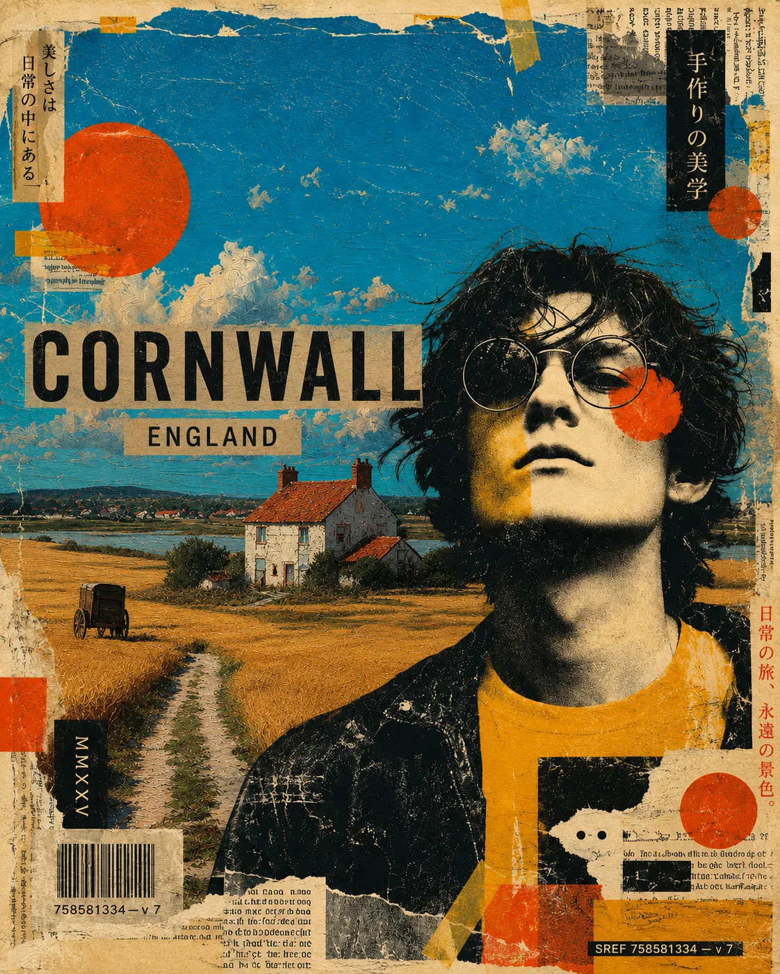 Cornwall travel poster collage with portrait, sun, coastal type, and layered graphic textures