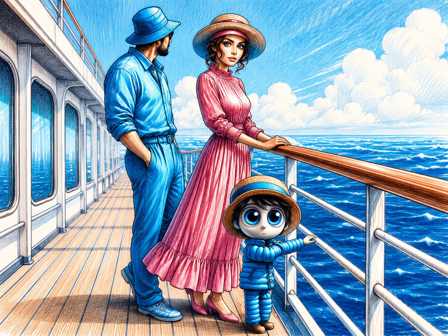 Stylized characters standing on a ship deck under a bright sky