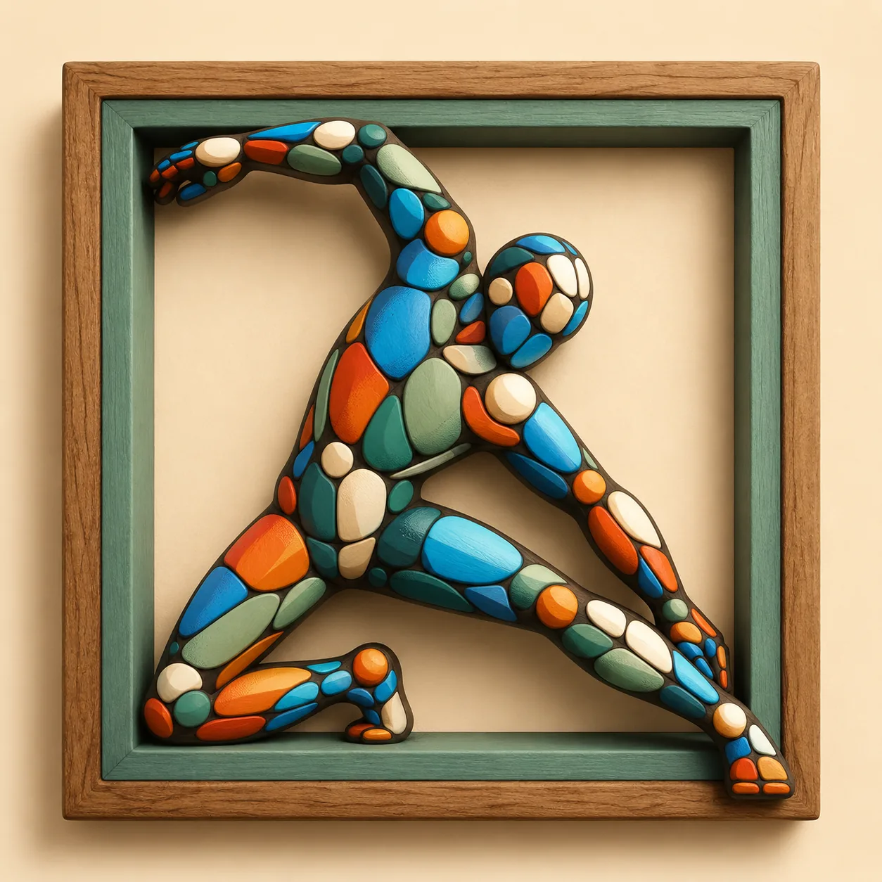 Abstract colorful figure posed inside a wooden frame