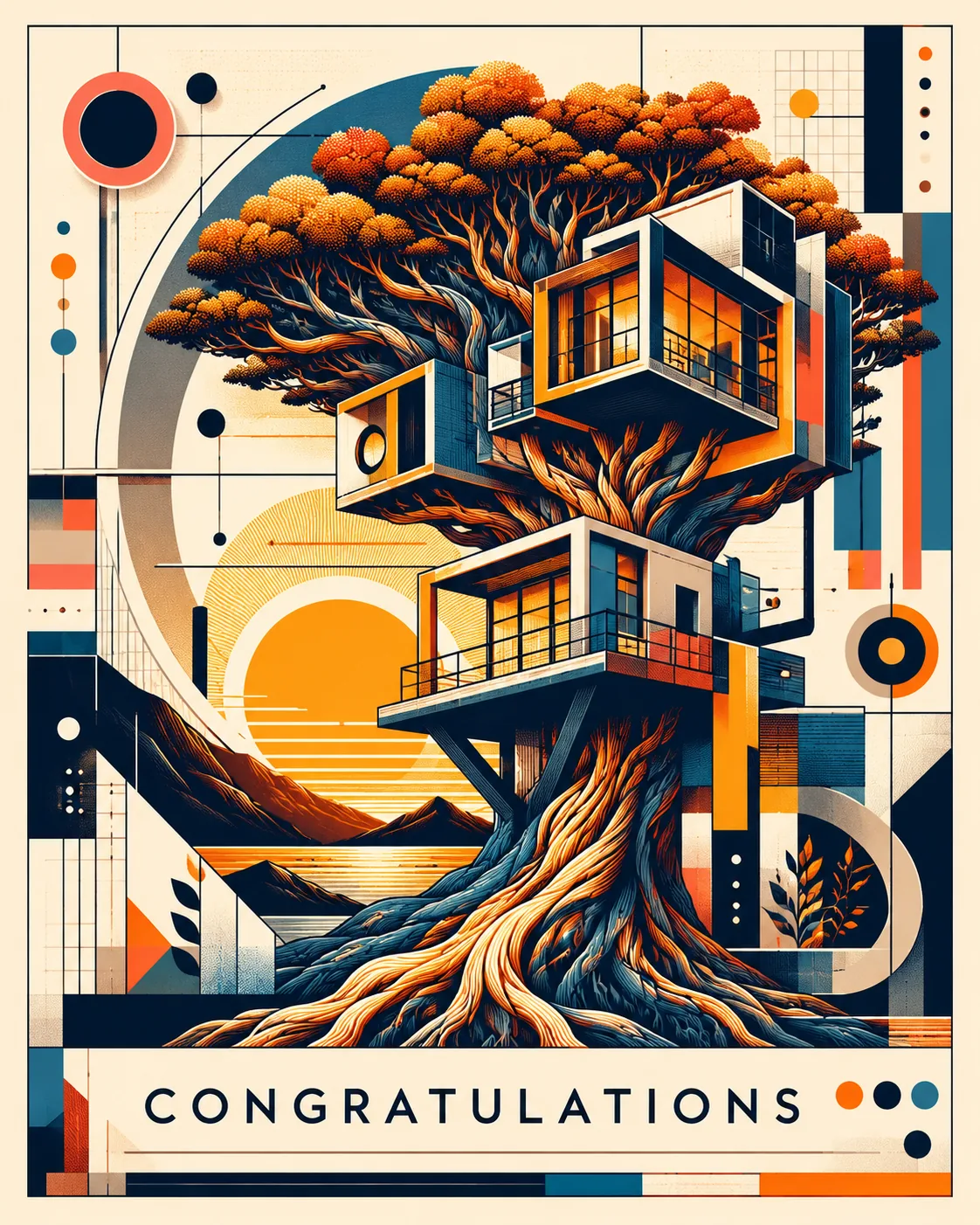 Futuristic treehouse poster with geometric layout and warm orange foliage