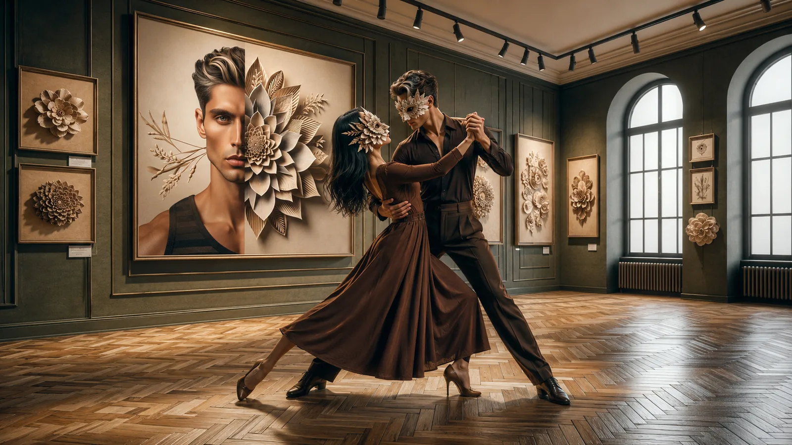 Dancing figures in a gallery interior with large portraits on the wall
