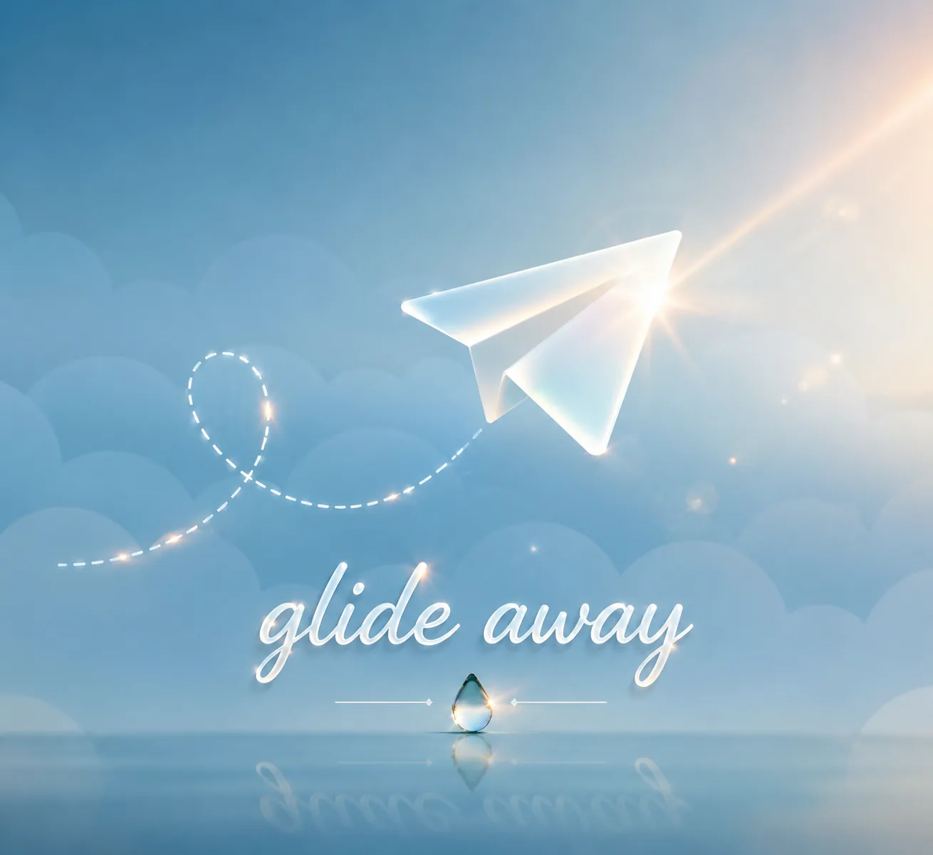 Soft blue sky poster with a paper airplane and the words glide away