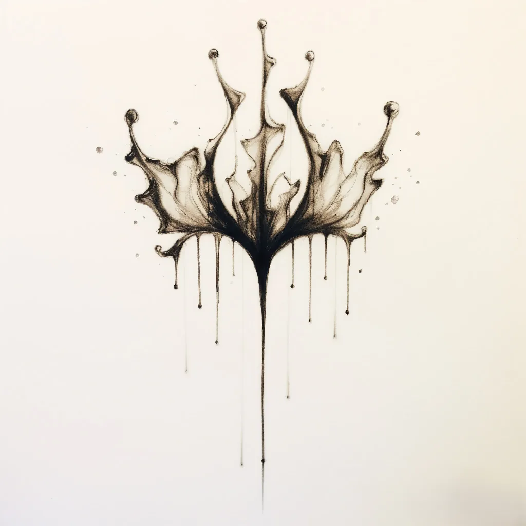 Abstract ink bloom mark with thin vertical drips on a pale background