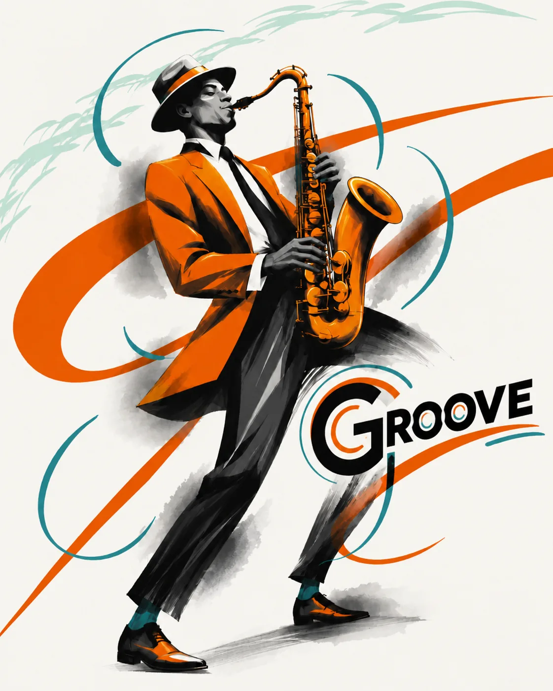 Stylized saxophone player with orange motion graphics and the word Groove