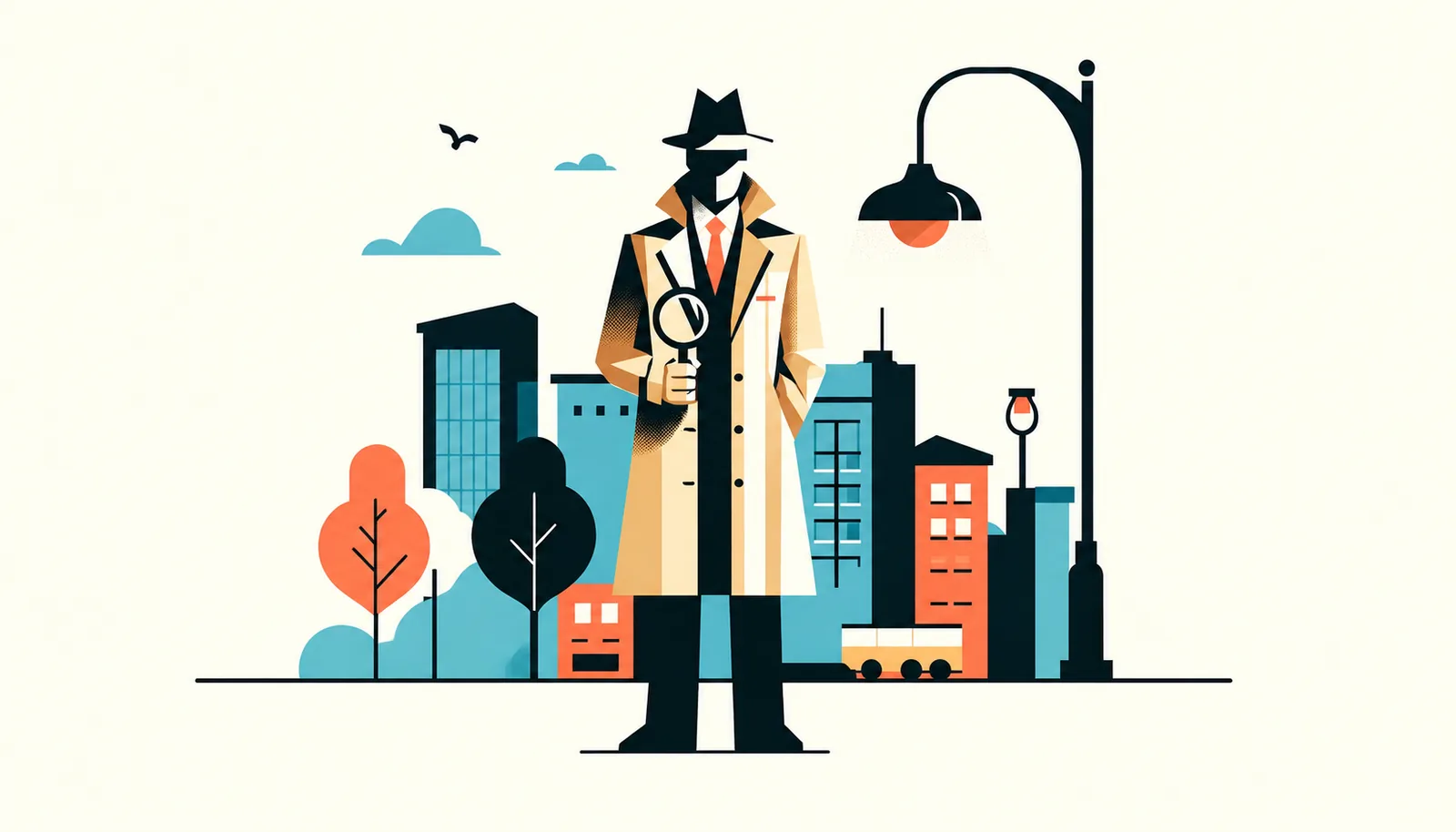 Minimal flat detective graphic with city shapes and orange-blue accents