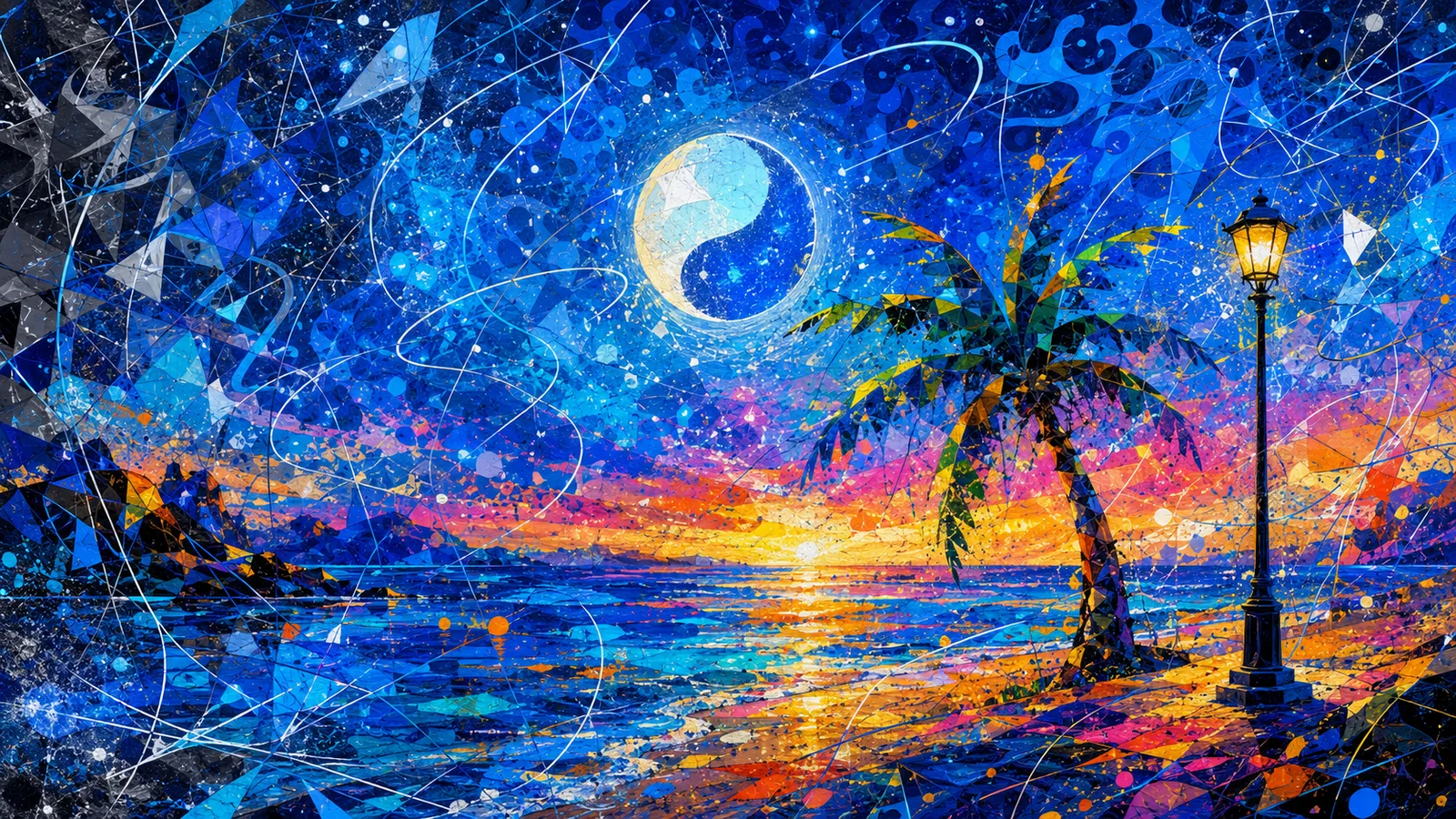 Colorful moonlit tropical bay with palm trees, lanterns, and blue night water