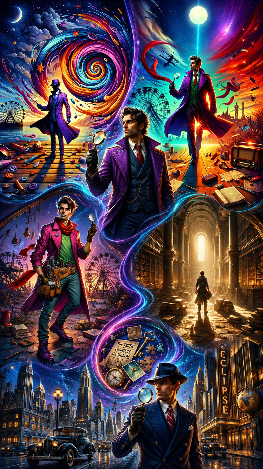 Colorful fantasy poster scene with musicians, figures, and swirling portal-like forms