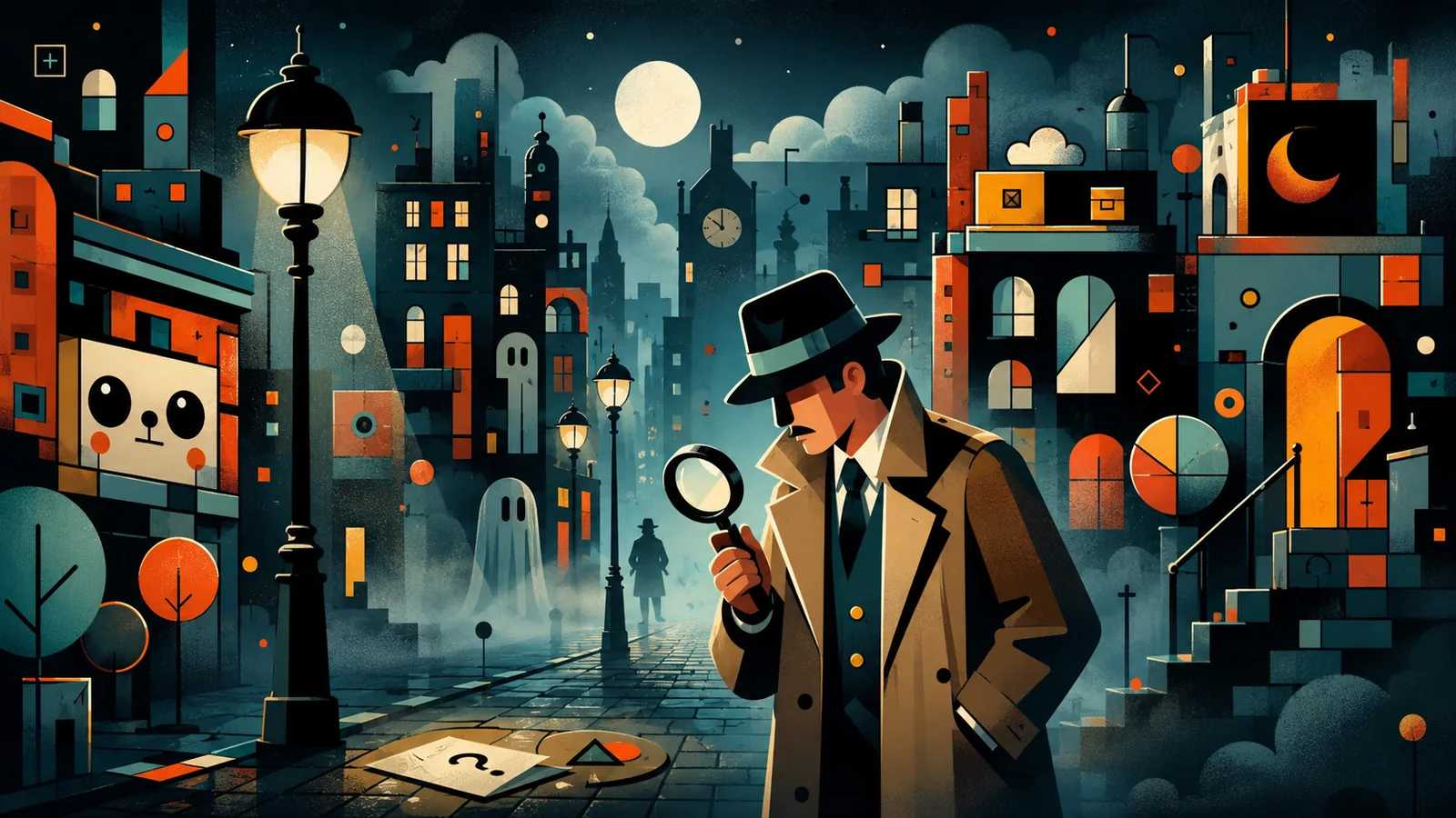 Noir detective in a rainy illustrated city street at night