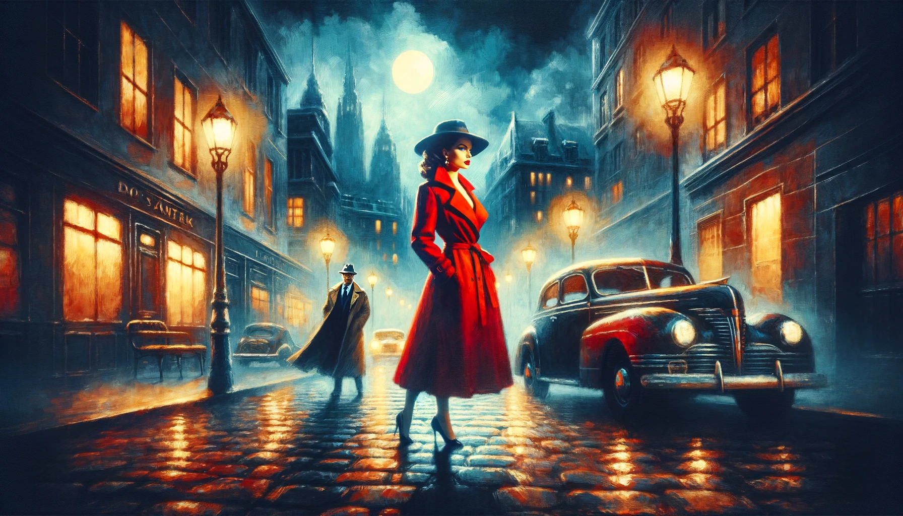 Red-clad figure in a rainy noir city street near a car and distant figures