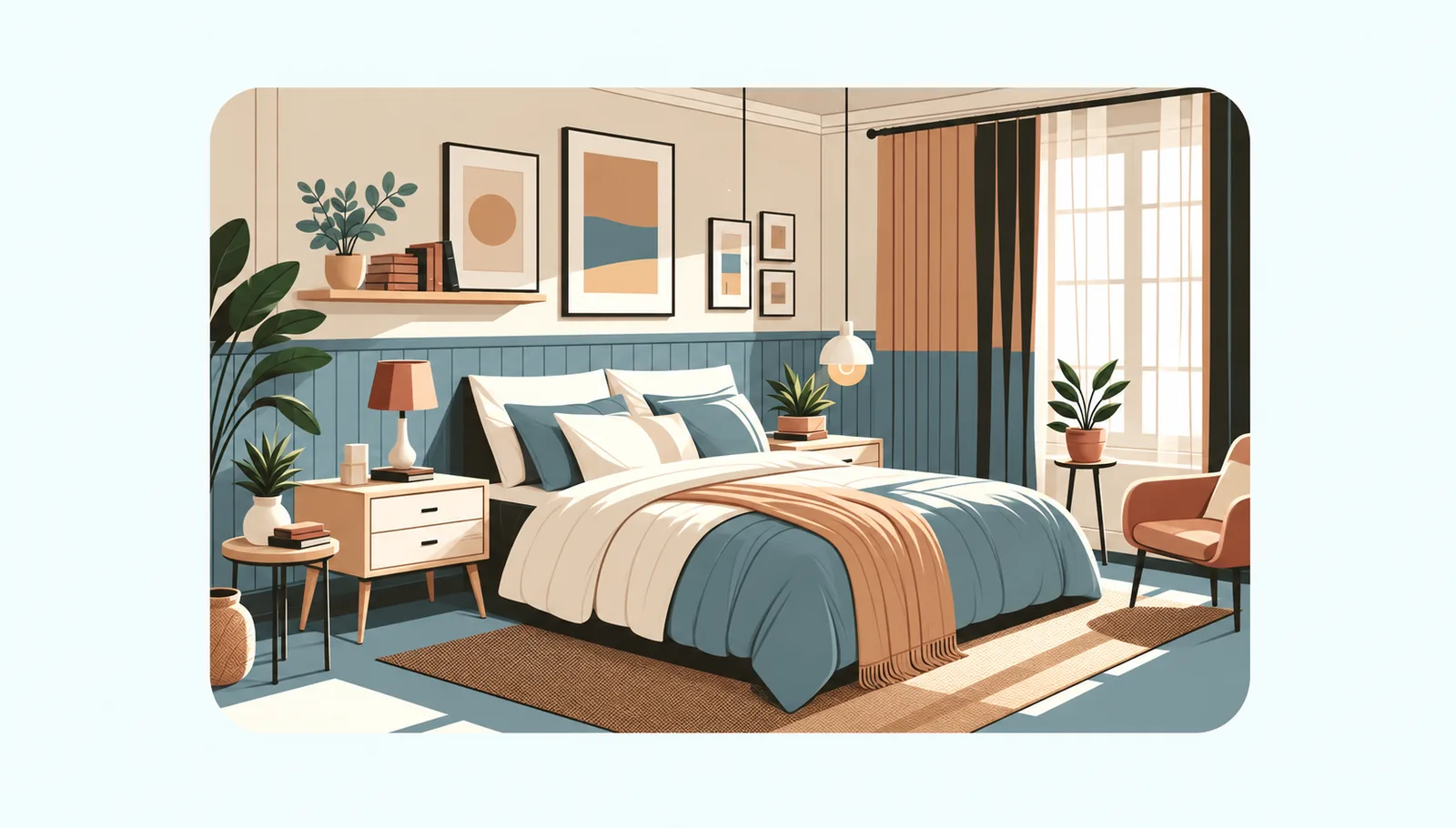 Soft illustrated bedroom interior with plants, bed, and framed wall art