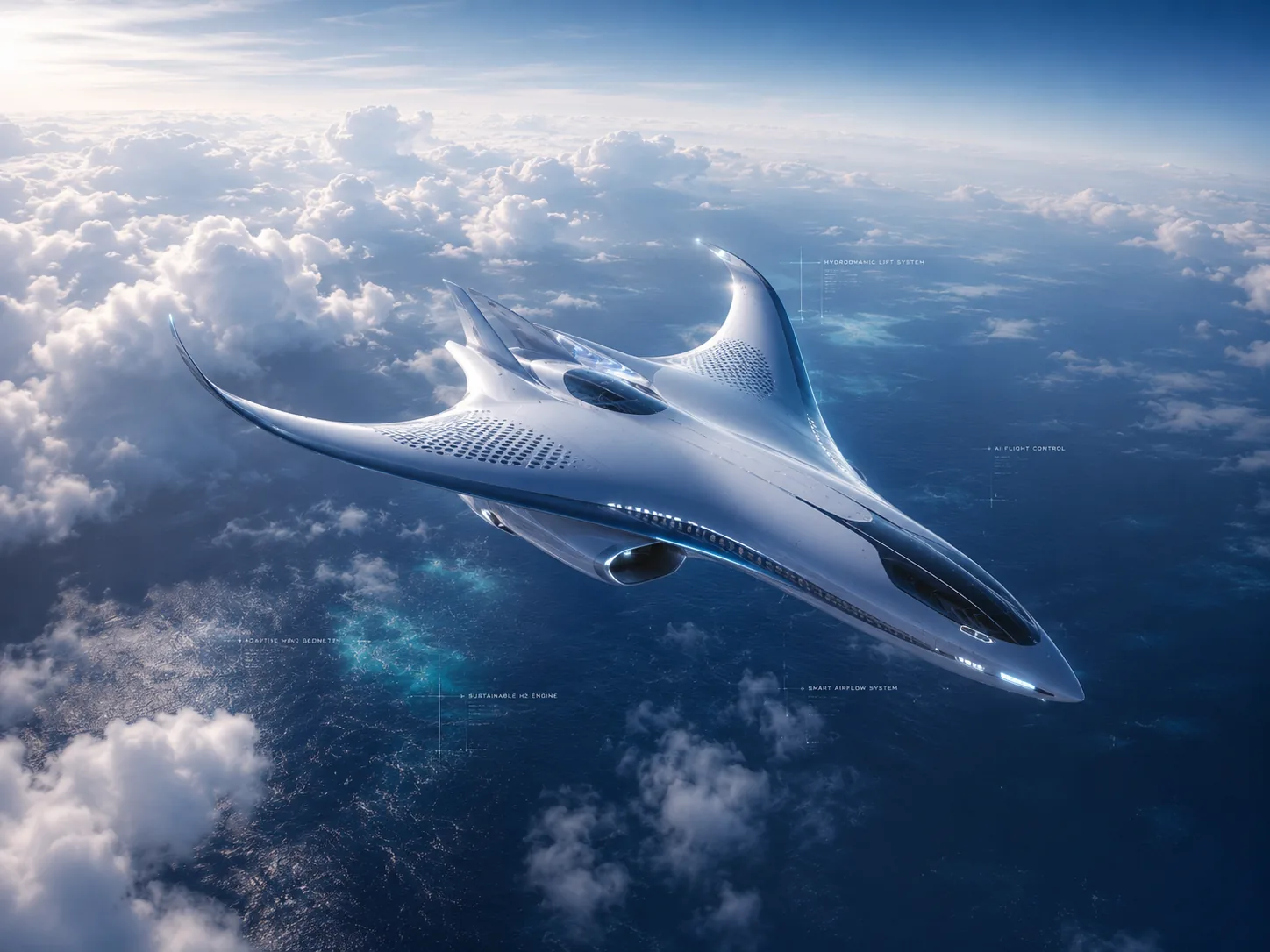 Large ray-like creature flying above clouds and sea