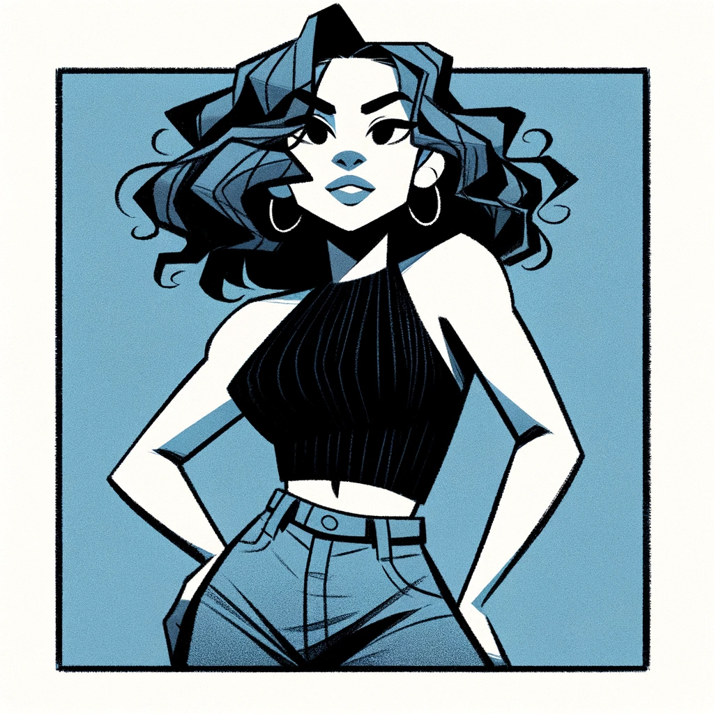 Stylized woman portrait with black-and-white clothing and blue-gray graphic background