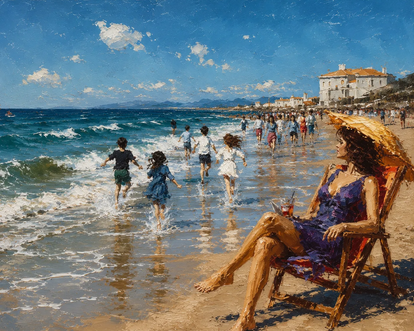 Painterly summer beach scene with people near the sea and a seated figure in the foreground