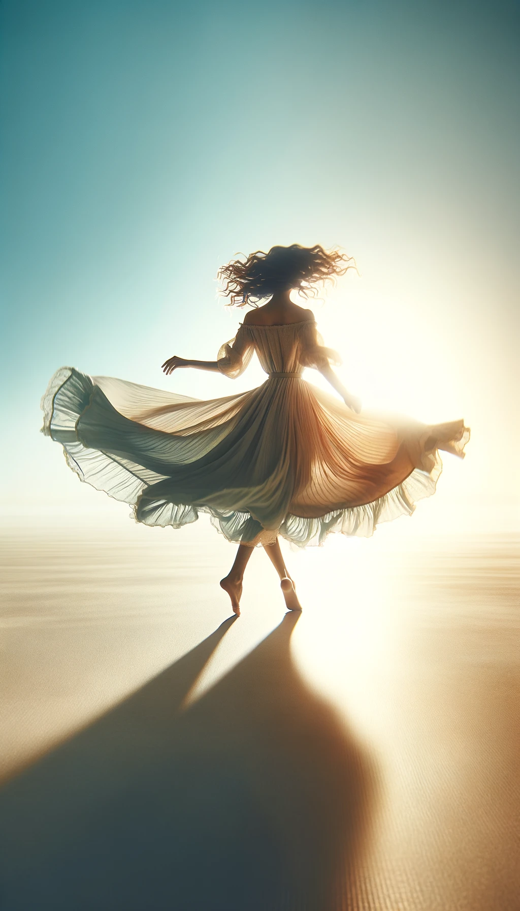 Figure twirling in a pale dress with strong backlight and fabric motion