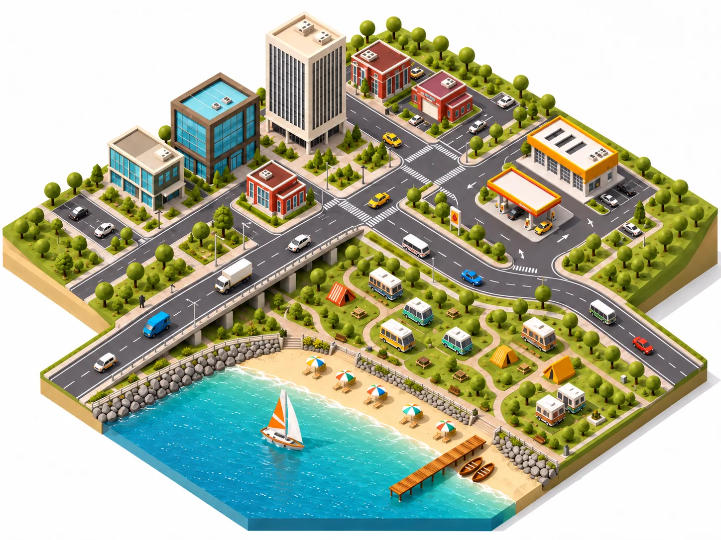 Isometric urban tile layout with buildings, roads, gardens, docks, and water