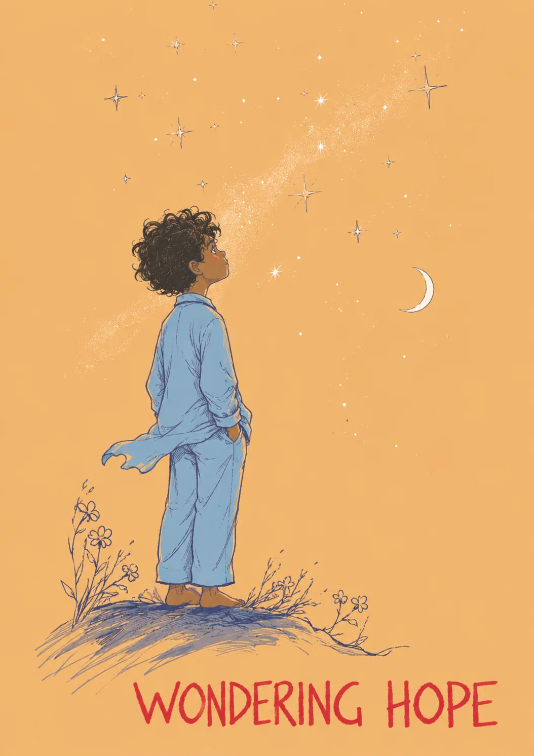 Child looking up at stars and a moon on a warm peach background with Wondering Hope text