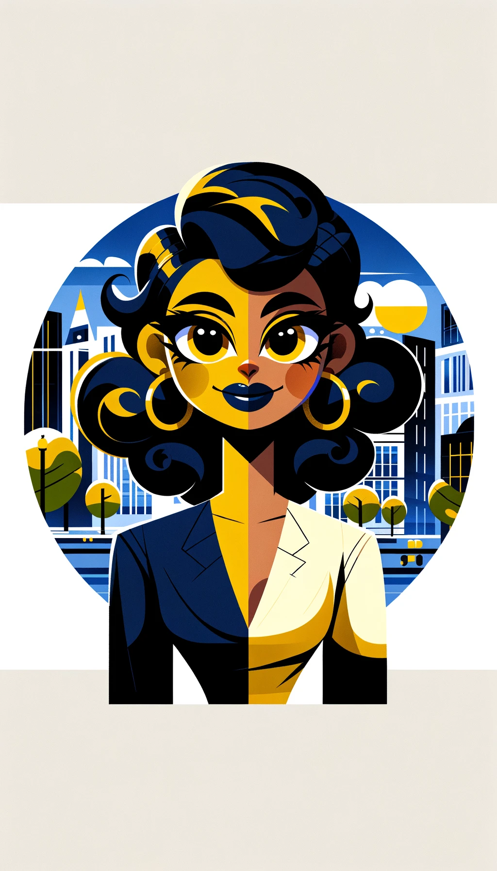 Stylized character portrait with bold yellow features, dark curls, and strong graphic shapes