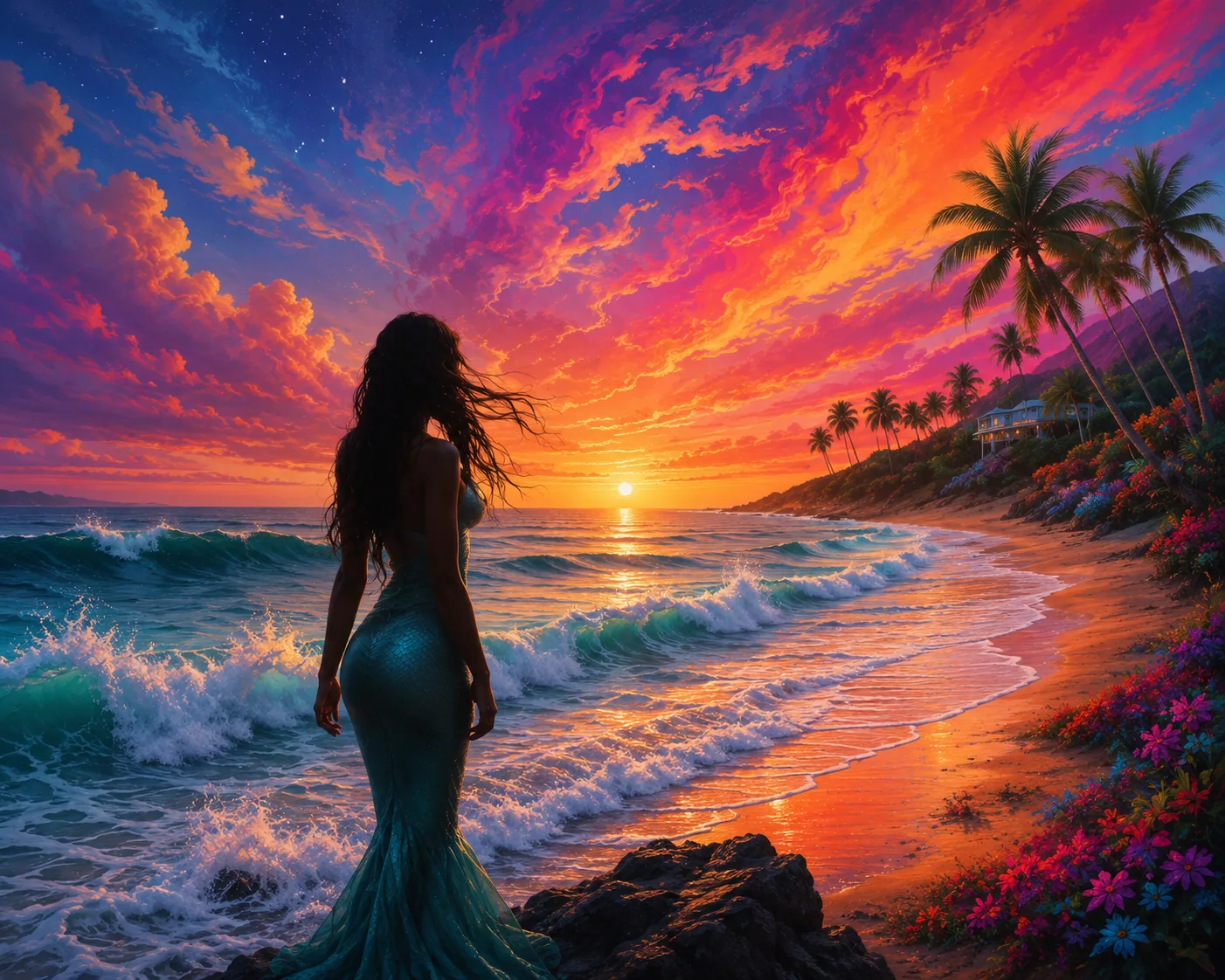 Tropical beach sunset with a silhouetted figure, waves, palm trees, and vivid orange and purple sky