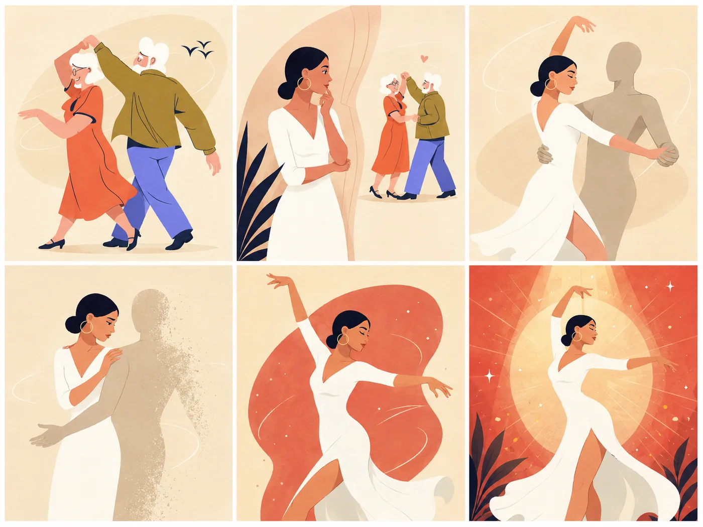 Sequential fashion panels showing a woman observing couples before standing alone