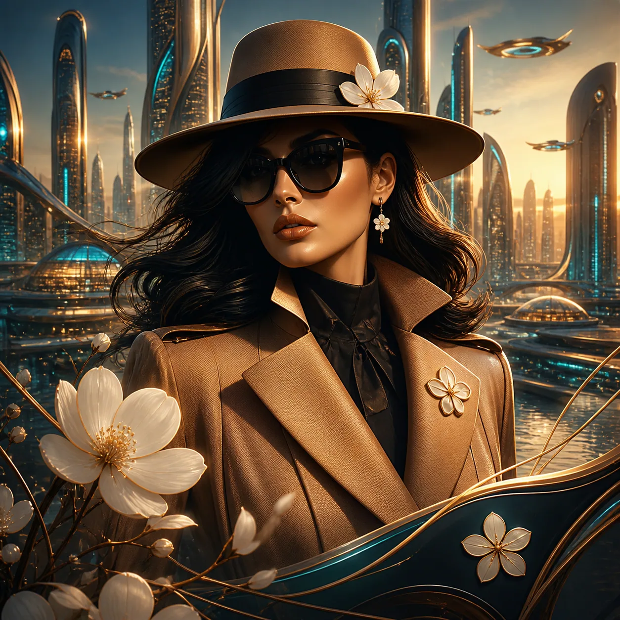 Noir fashion portrait with flowers and city light in a cover-image direction