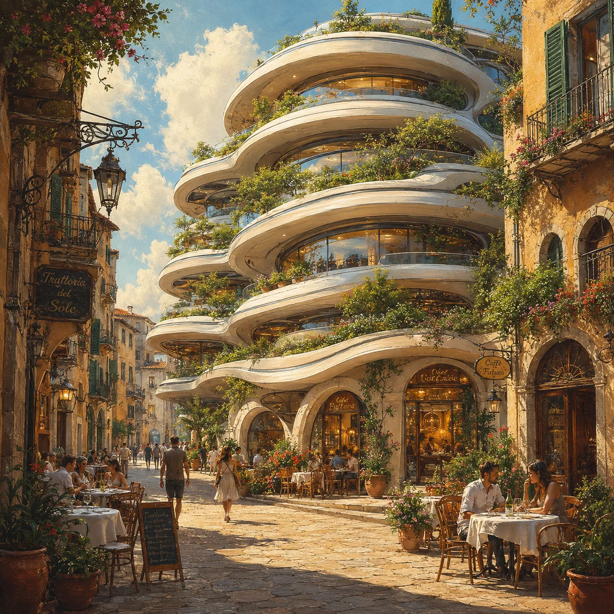 Layered futuristic building in a street scene