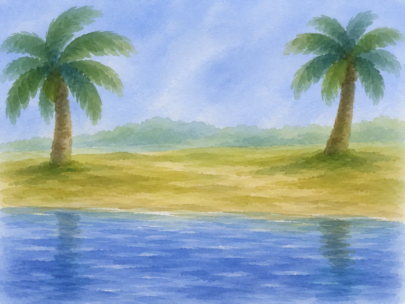 Simple tropical landscape with water and palm trees