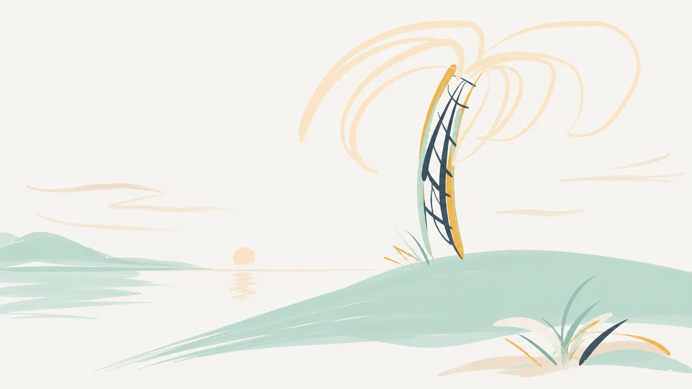 Minimal line drawing with pale aqua and gold accents
