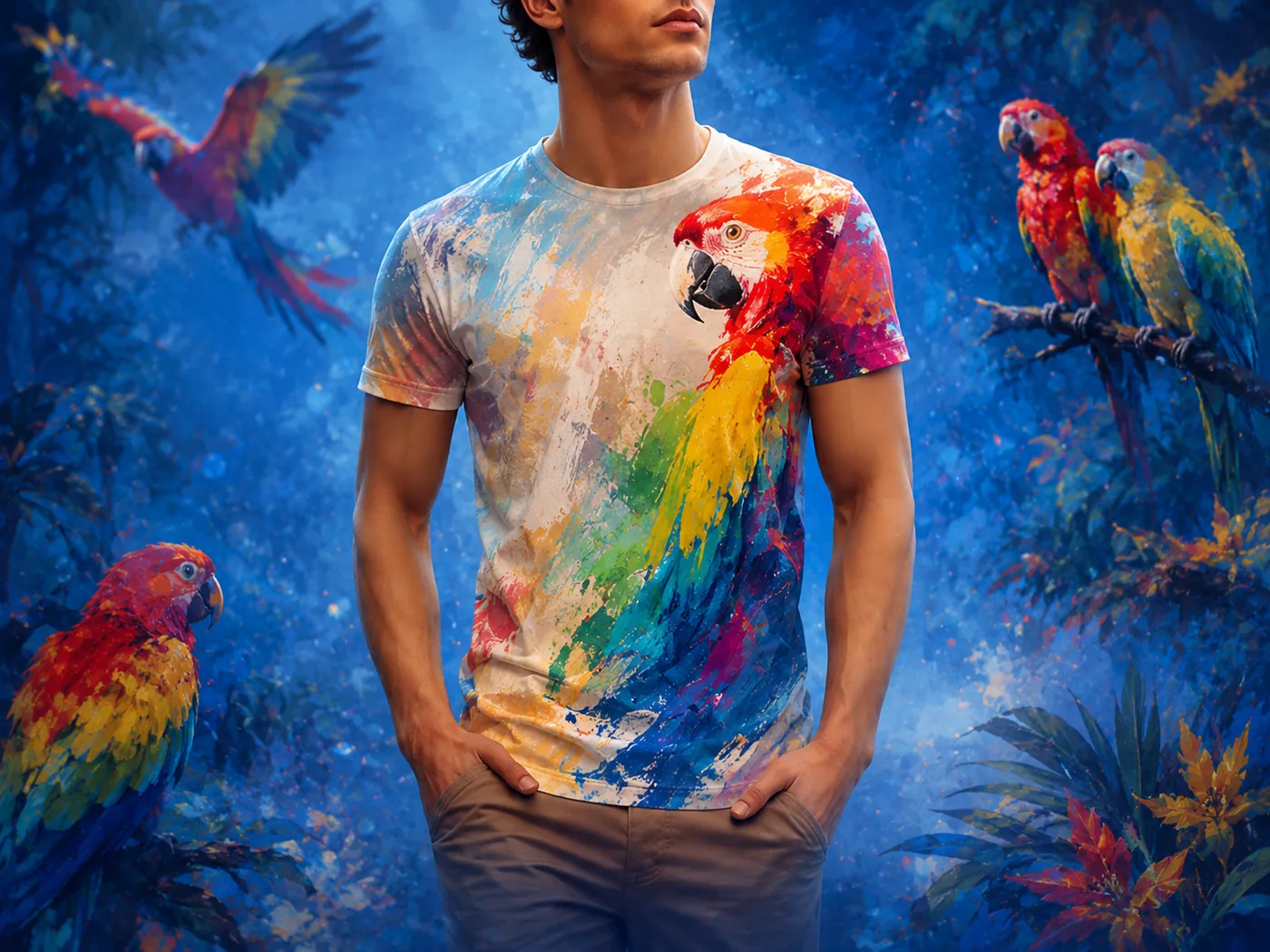 Colorful shirt mockup concept with birds and paint textures