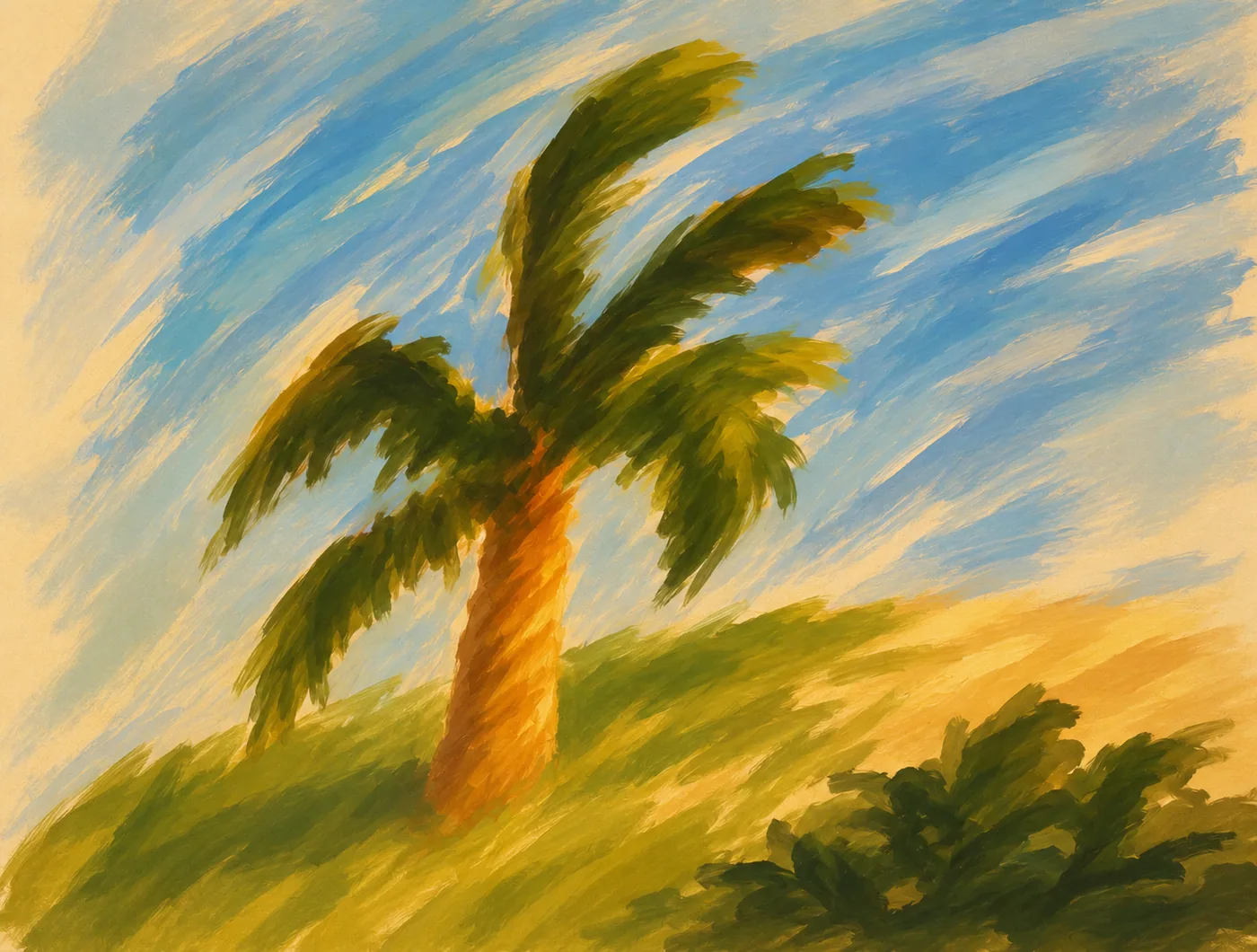 Painterly palm tree with blue and yellow strokes