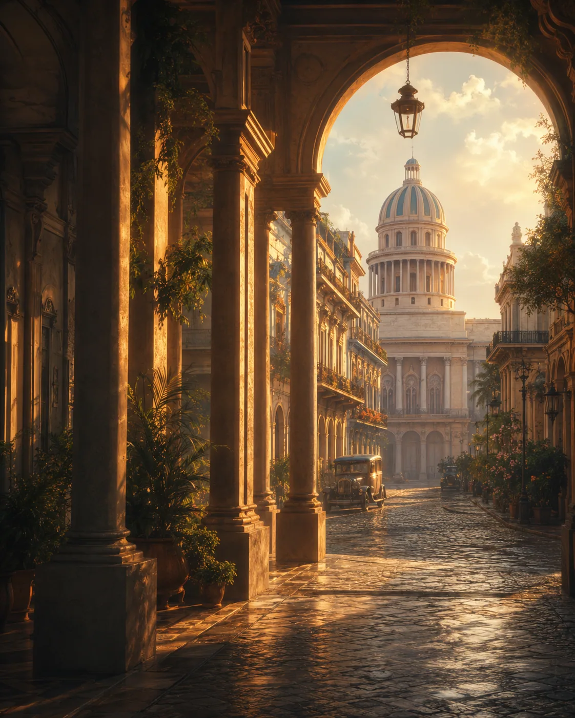 Golden corridor looking toward a domed city view
