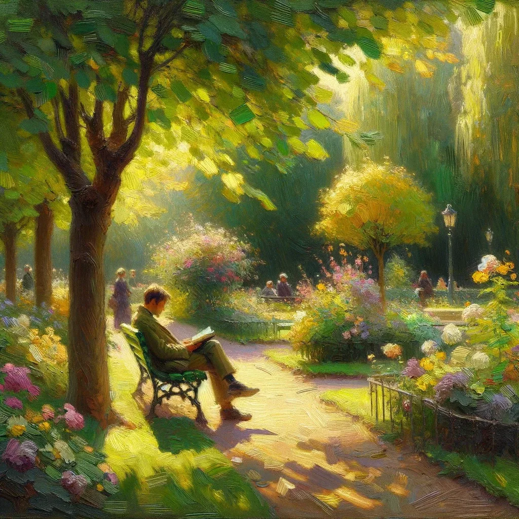 Impressionist close-up scene with park characters