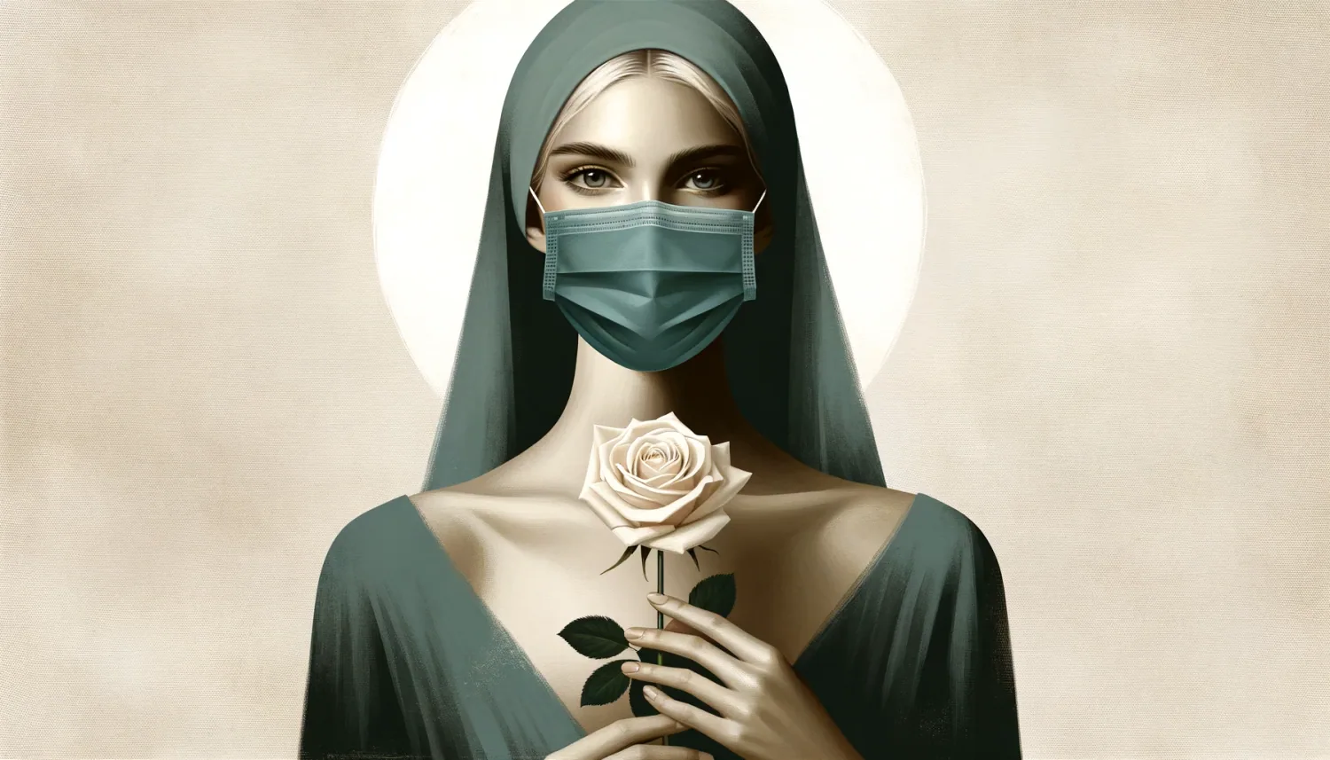 Wide digital illustration of a serene nurse figure