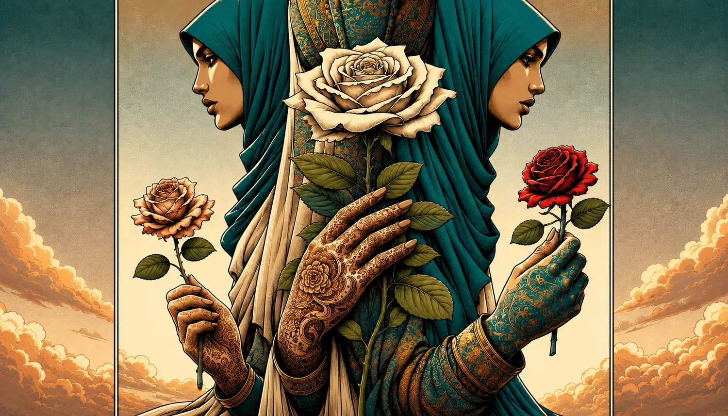 Symmetrical portrait with roses and henna from the Flavia and Matteo care-work collection