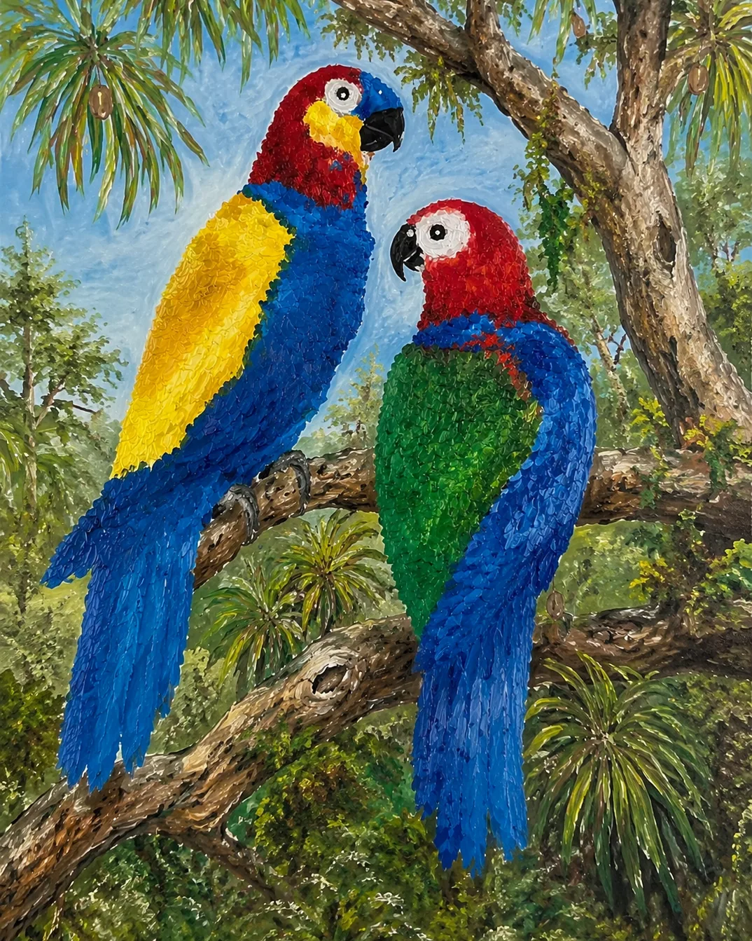 Colorful parrots in a tropical jungle