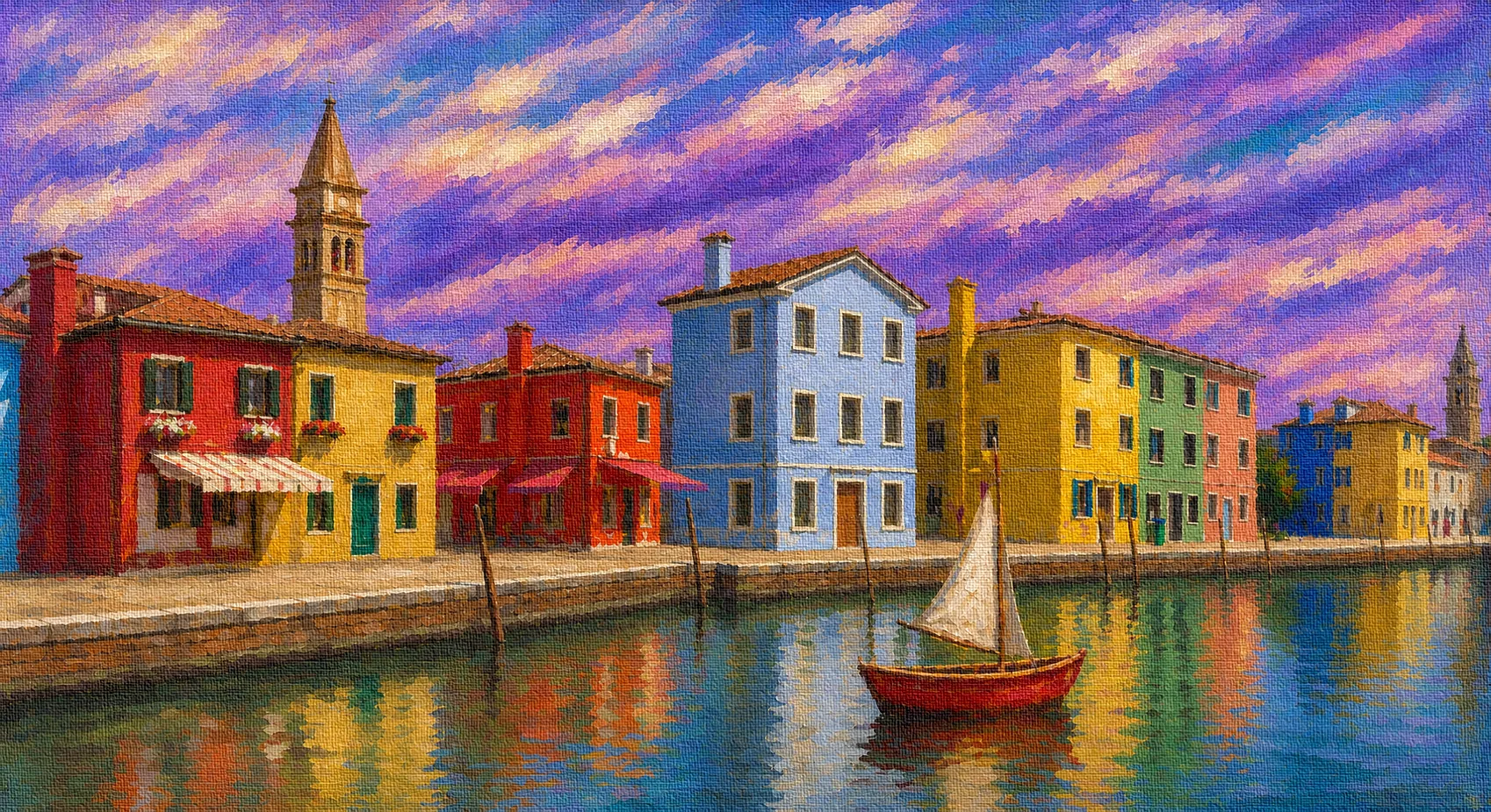 Colorful Italian canal scene with Pelourinho-like houses and a small sailboat from the Flavia and Matteo collaboration