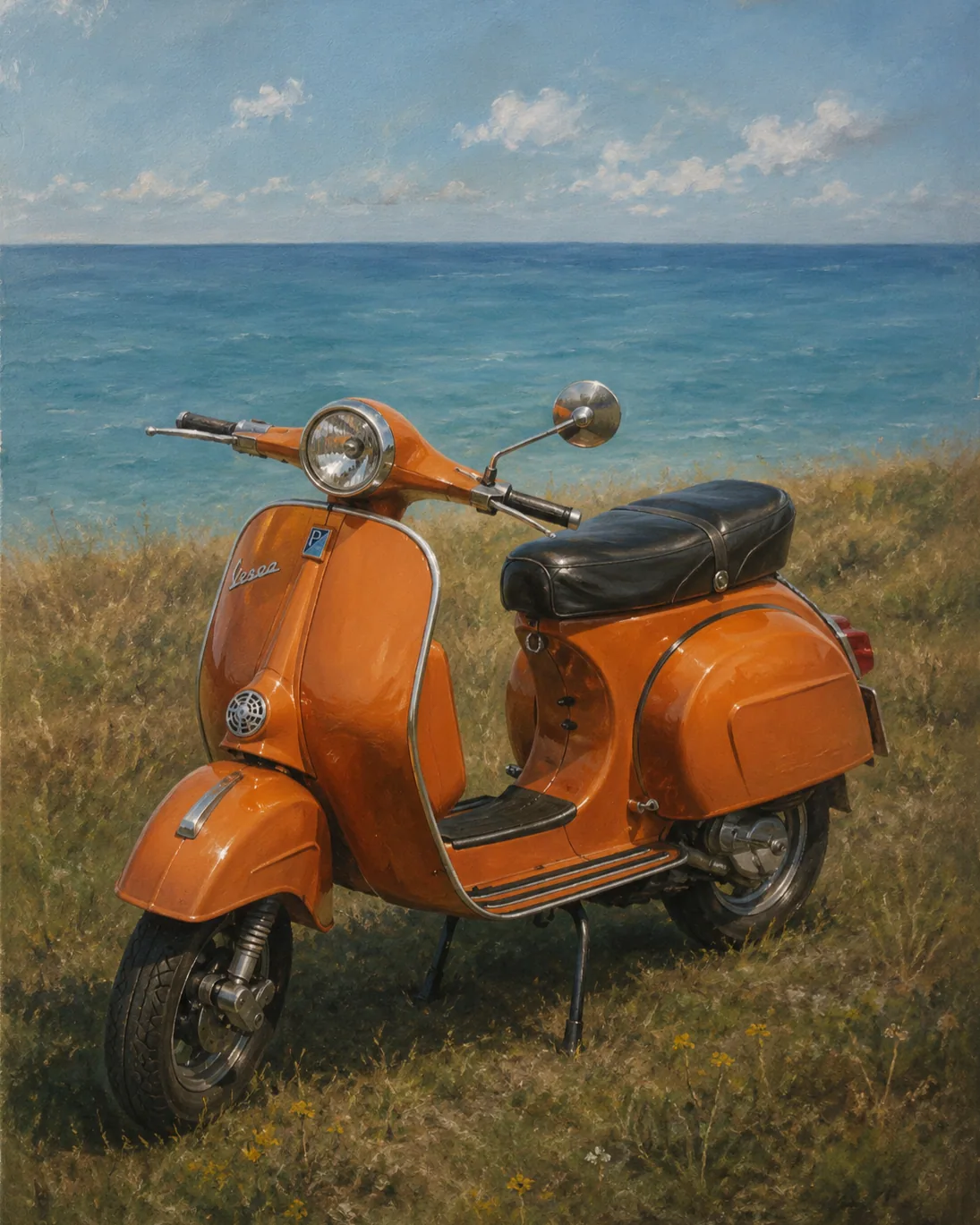 Orange scooter on a quiet coast